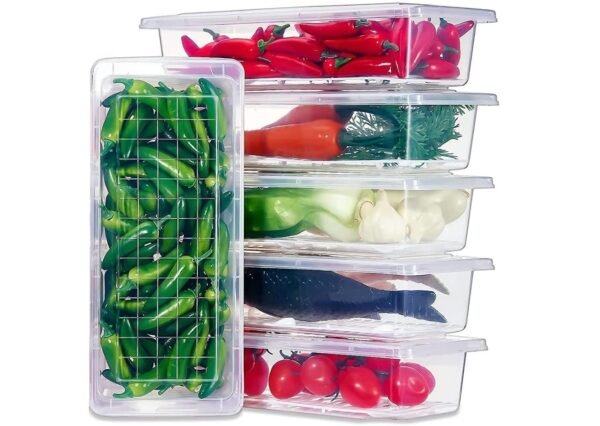 Fridge Storage Boxes Fridge Organizer with Removable Drain Plate and Lid Stackable Fridge Storage Containers Plastic Refrigerator Storage Containers for Vegetables, Fruits, etc. (1500ML)